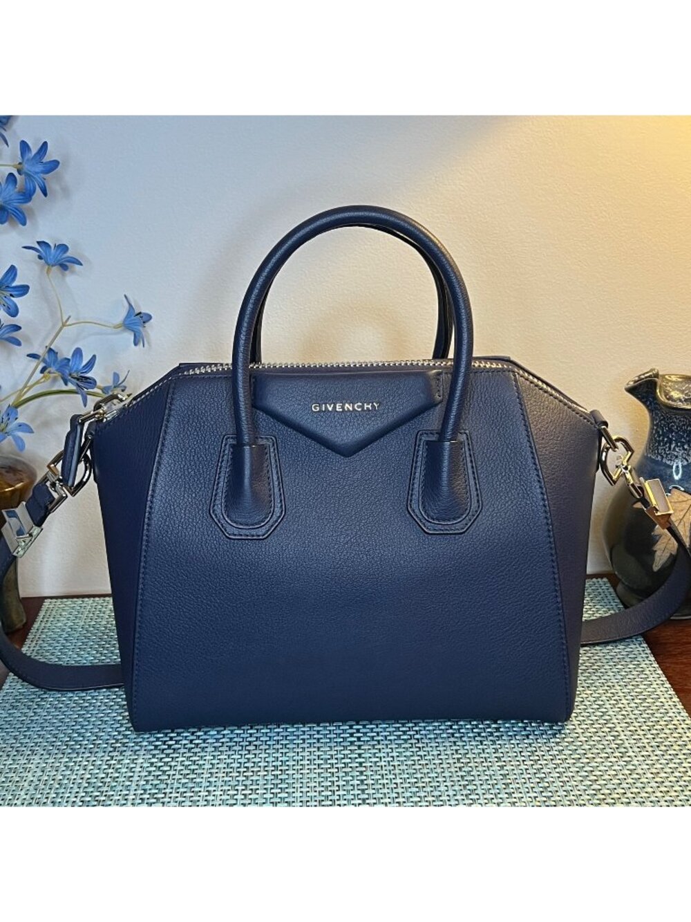 Givenchy Small Antigona Shoulder Bag Navy Goatskin Leather